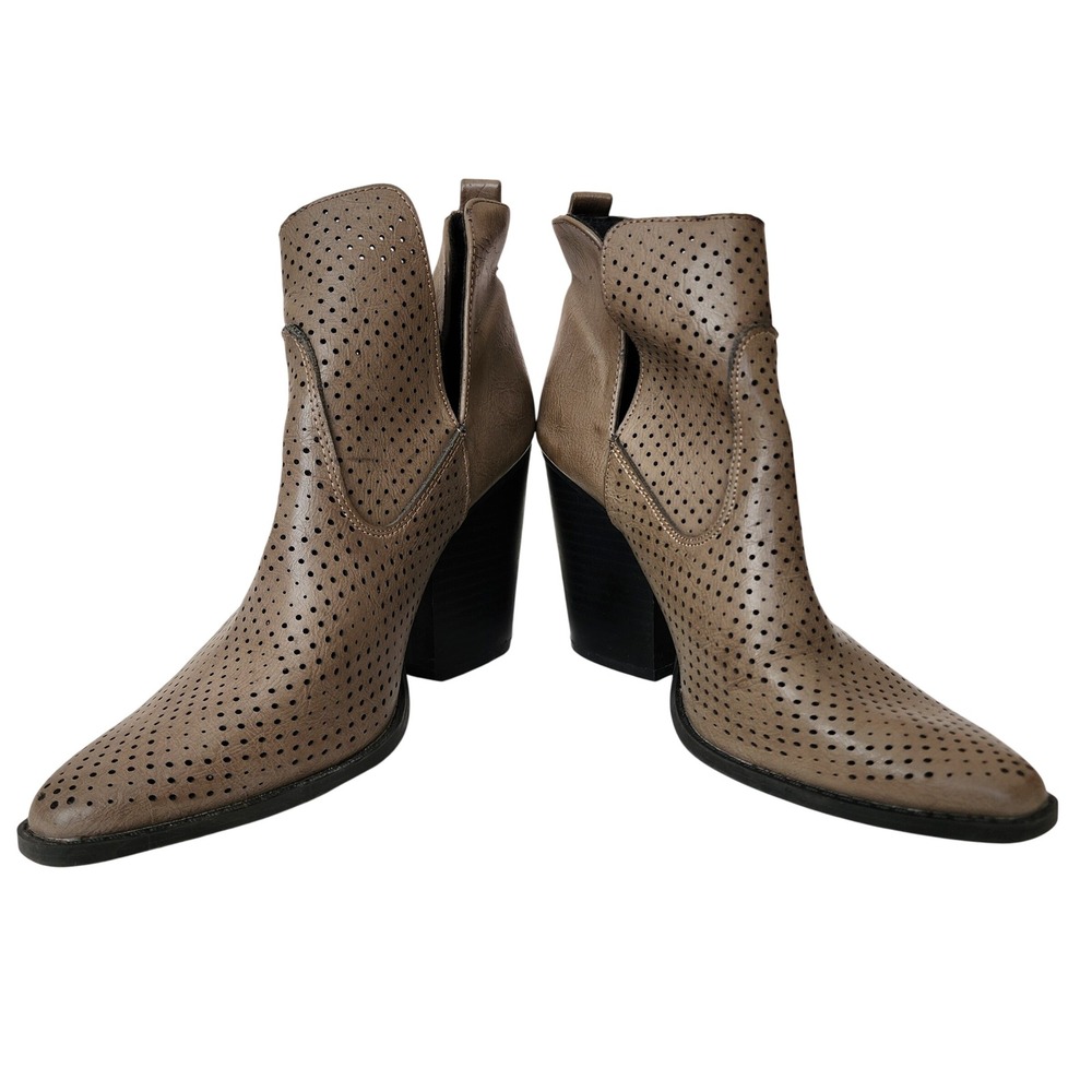 Qupid Womens Perforated Pointed Toe Ankle Boots Taupe Block Heel Side Cutout